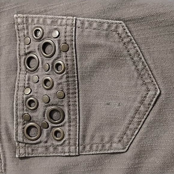 Olive Green Grey Stretch Skinny Jeans with Brass Back Pocket Detail - Picture 10 of 13